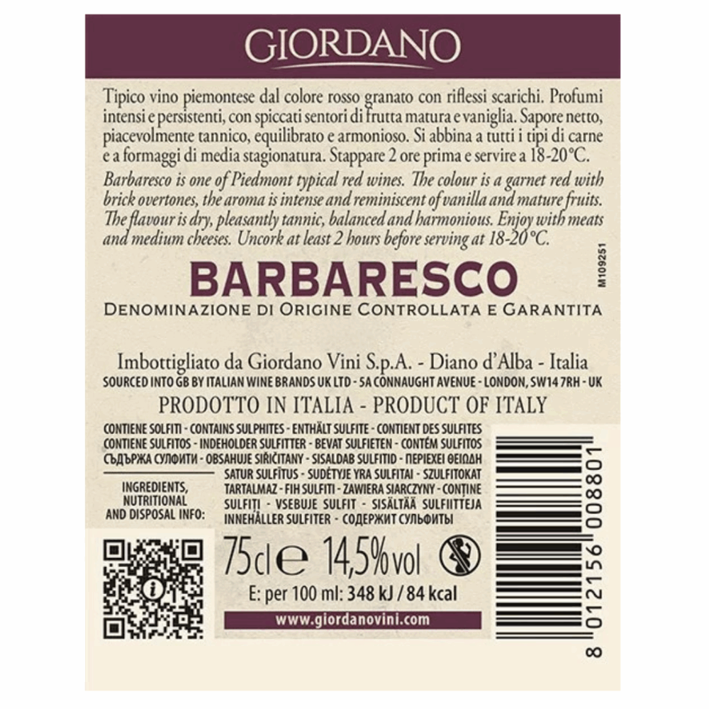 Barbaresco DOCG Giordano Tinto Crianza 750ml - Image 2