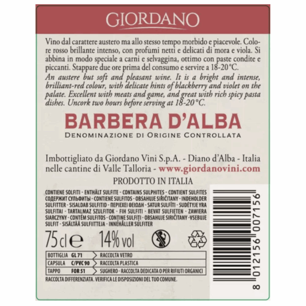 Barbera D'Alba DOCG Giordano 750ml - Image 2
