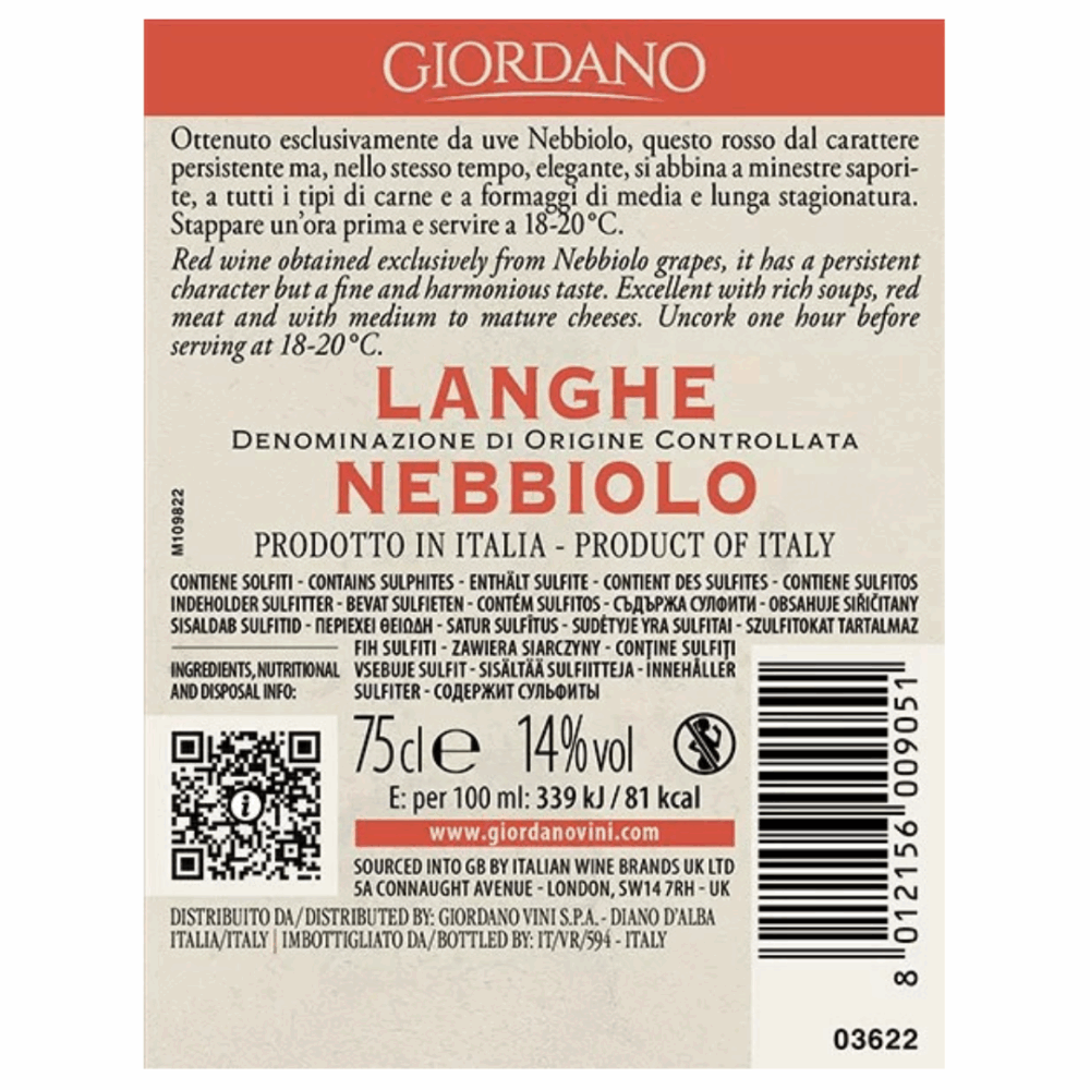 Nebbiolo Langhe D.O.C. Tinto Crianza Giordano 750ml - Image 2